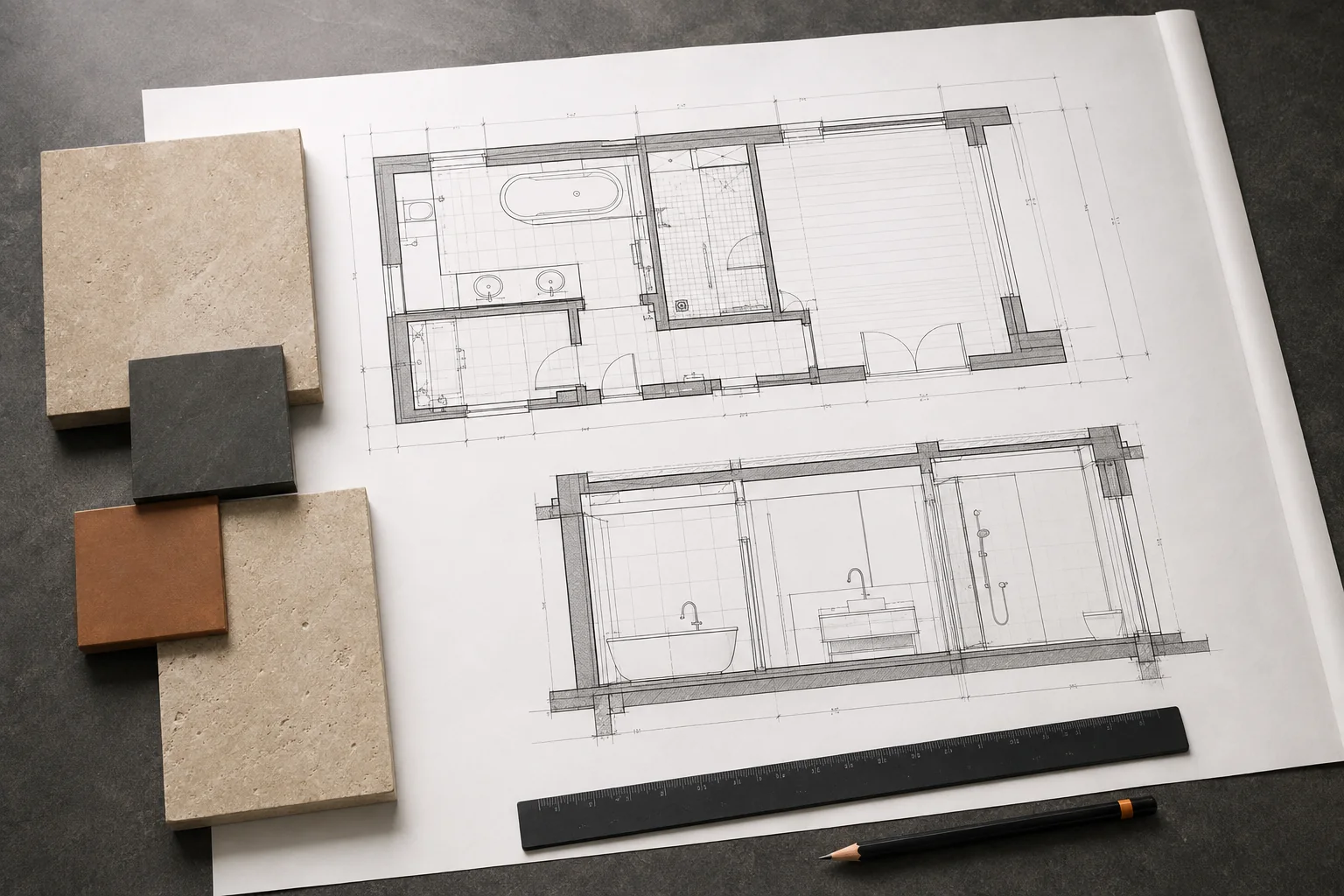 Architektenzeichnung mit Grundriss, Schnitt und ausgewählten Keramikmustern
